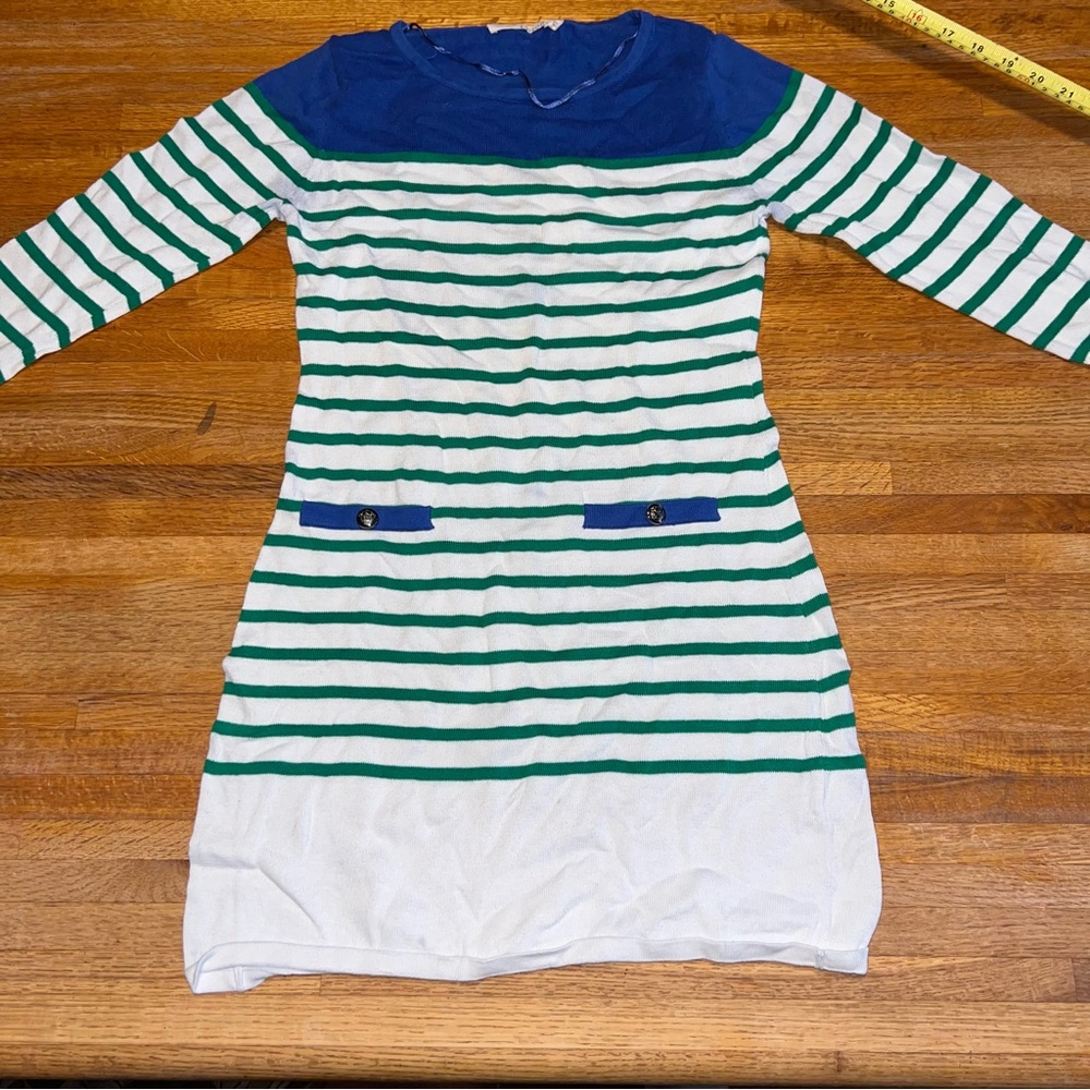 Ellison Women Medium Blue White‎ Green Stripe 3/4 Sleeve Knit Sweater Tunic